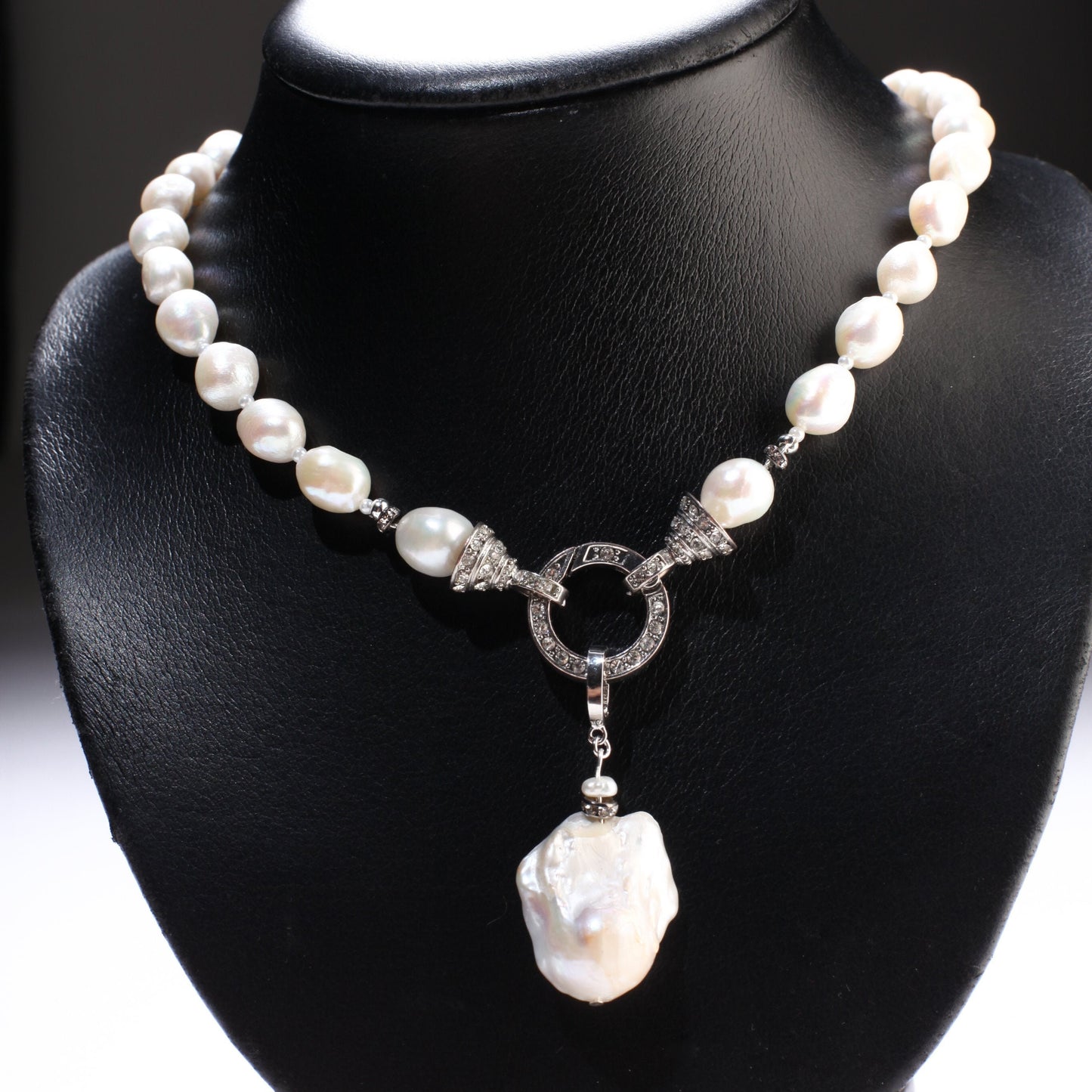 Genuine Freshwater Baroque pearl ,tiny pearl Spacers, Large 28mm Flame ball baroque pearl Detachable Pendant, Carabiner CZ Clasp 18"necklace