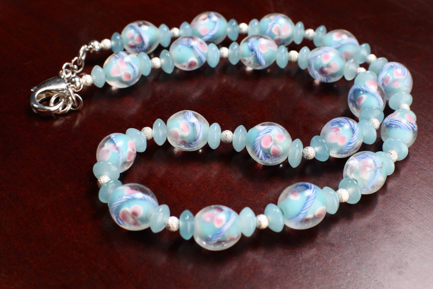 Czech Glass Pink Flowers Foil Lamp work 12x13mm Oval Beads with Blue Aquamarine Rondelle, Brushed Silver Spacer Beads 21" Necklace
