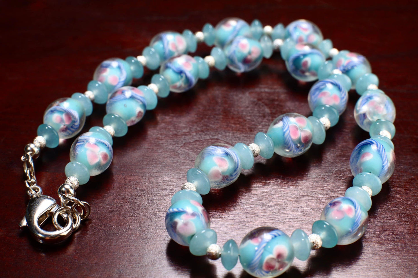 Czech Glass Pink Flowers Foil Lamp work 12x13mm Oval Beads with Blue Aquamarine Rondelle, Brushed Silver Spacer Beads 21" Necklace
