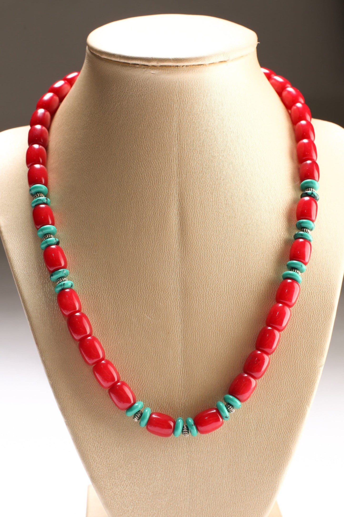 Ruby Jade Oval Barrel 9x11mm with Turquoise Rondelle 18" Necklace with 2" Extension Chain