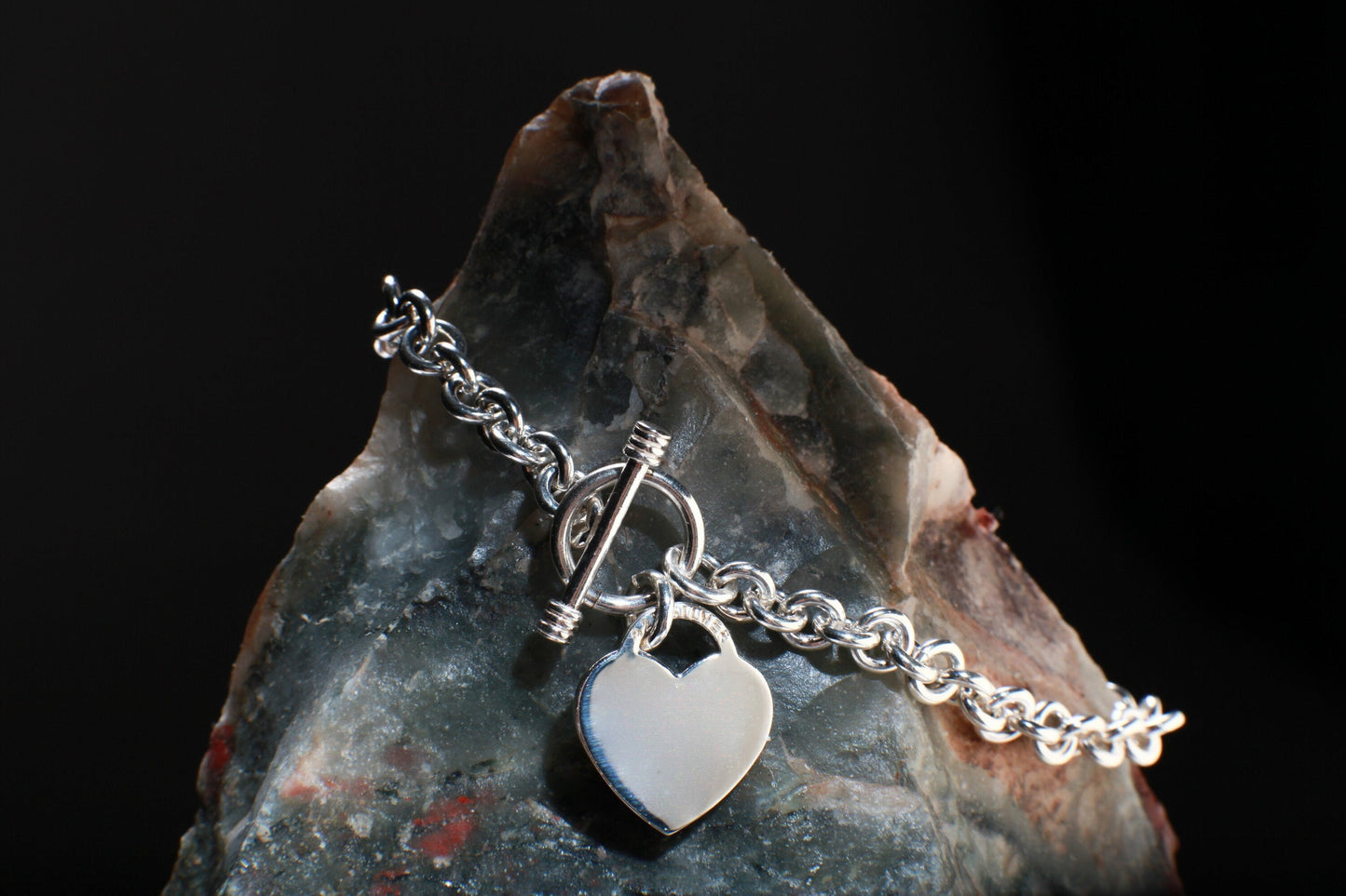 Solid 925 Sterling Silver Heart Charm Toggle Bracelet 7.5" for Women and Girls, Valentine, Girlfriend Gift, vintage, 17 gram Heavy Weight