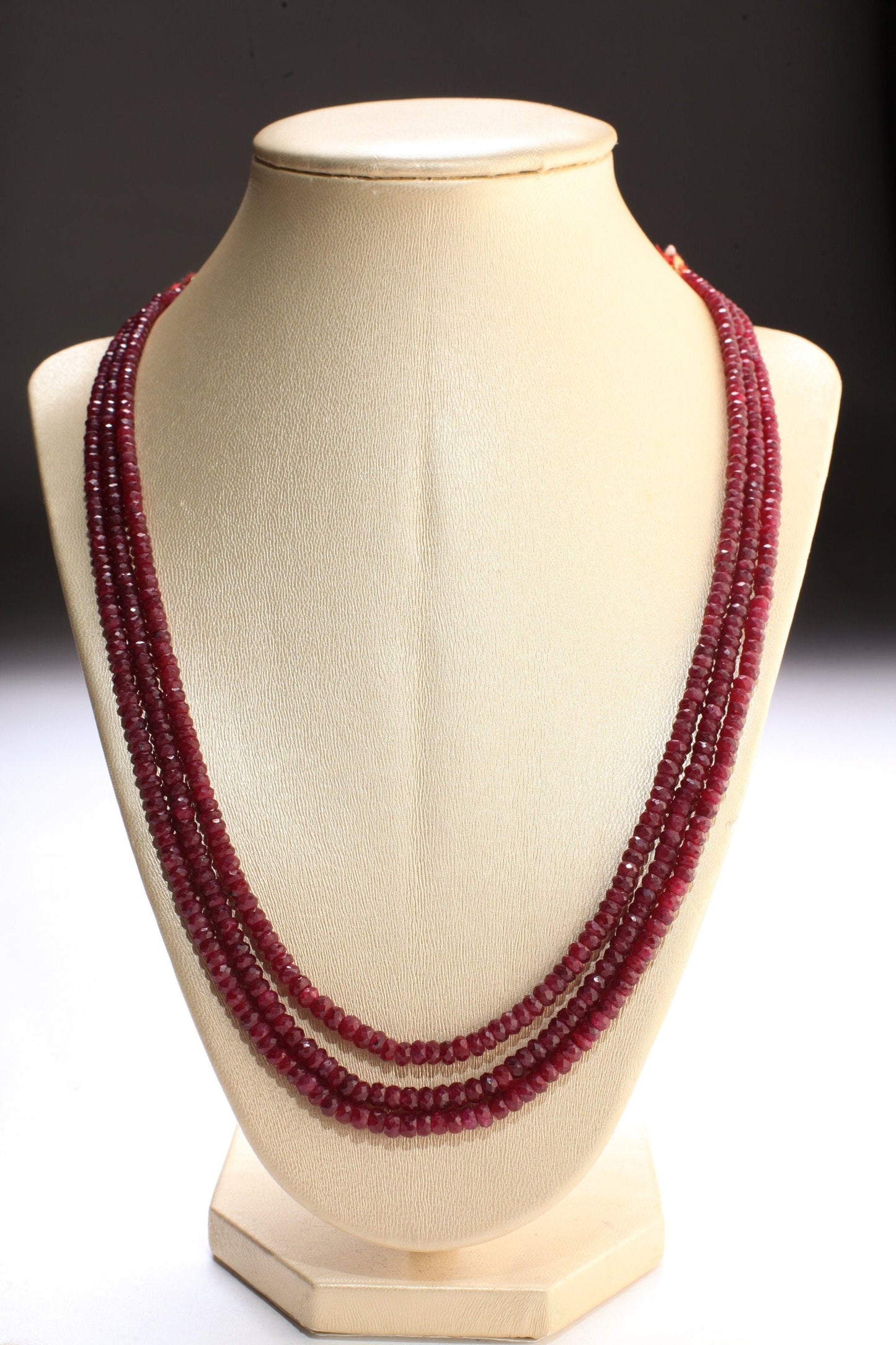 AAA Natural Ruby Gemstones 4-4.5mm Multi Strand, 3 Line Layer Gemstone Rondelle Necklace 15.5" Plus 9" Adjustable Thread. 270Ct