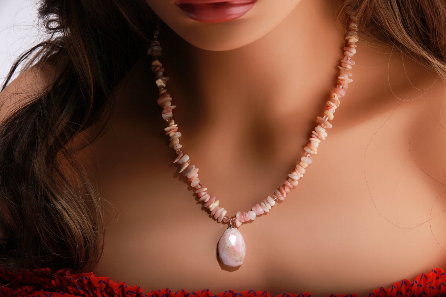 Pink Peruvian Opal Raw Chips Gemstone with Free Form pink peru opal Faceted Pendant in 19" Necklace and 2" Extension Chain.