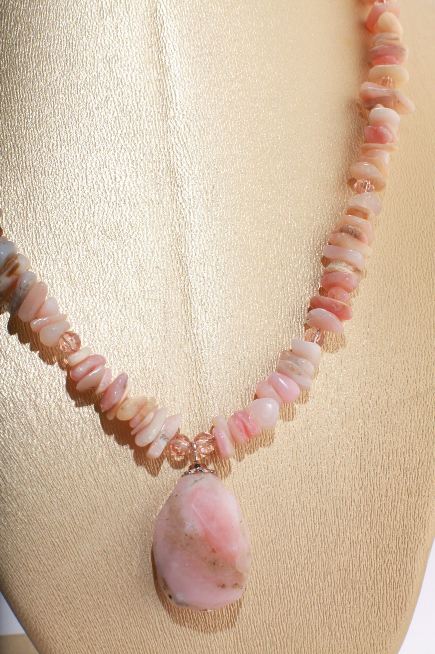 Pink Peruvian Opal Raw Chips Gemstone with Free Form pink peru opal Faceted Pendant in 19" Necklace and 2" Extension Chain.