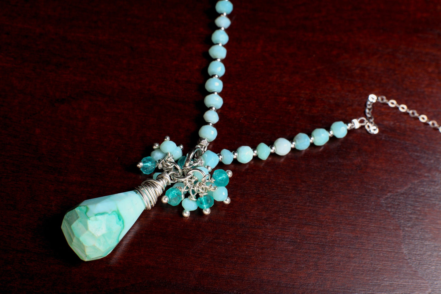 Blue Peruvian Opal Briolette Drop in Sterling Silver Wire Wrapped, Blue Opal,Apatite Clusters in Sterling Silver Opal Rosary Chain 22" long