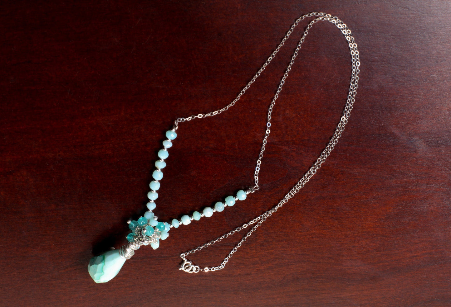 Blue Peruvian Opal Briolette Drop in Sterling Silver Wire Wrapped, Blue Opal,Apatite Clusters in Sterling Silver Opal Rosary Chain 22" long
