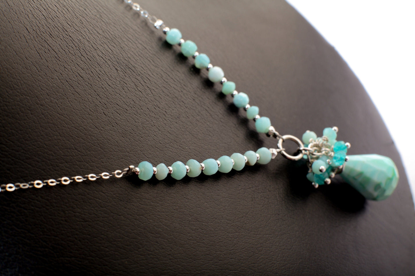 Blue Peruvian Opal Briolette Drop in Sterling Silver Wire Wrapped, Blue Opal,Apatite Clusters in Sterling Silver Opal Rosary Chain 22" long