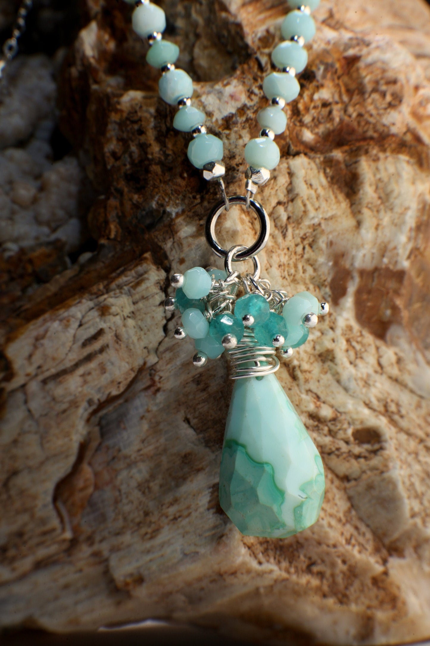 Blue Peruvian Opal Briolette Drop in Sterling Silver Wire Wrapped, Blue Opal,Apatite Clusters in Sterling Silver Opal Rosary Chain 22" long