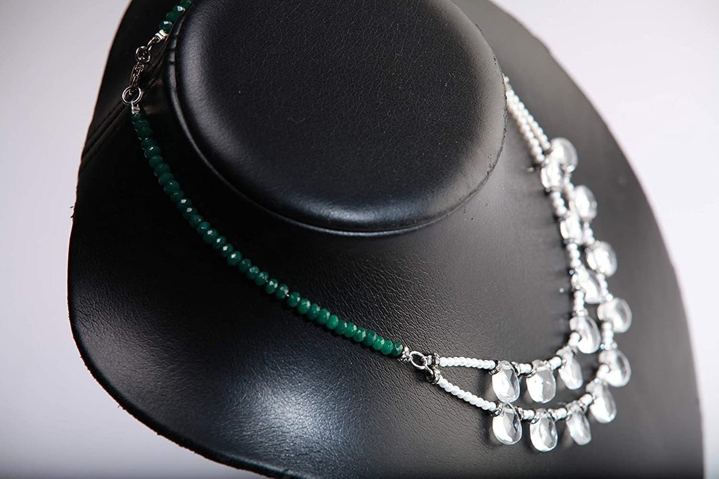 Natural Rock Crystal Quartz Pear Drop 7x9mm 2 Strands Necklace with Tiny fresh water pearl and Green Jade, boho , bib , gift