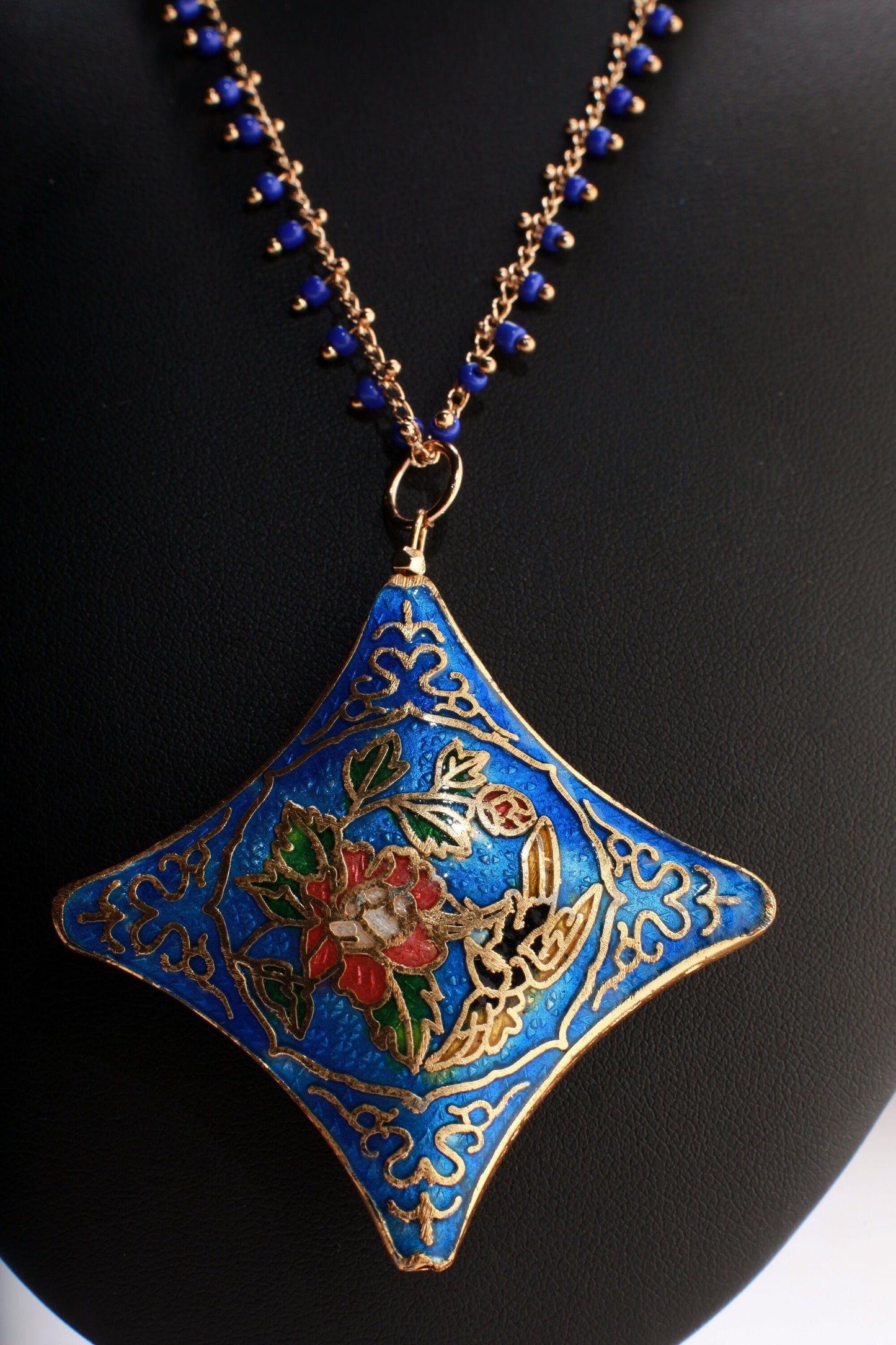 Traditional Cloisonné Pendant Vintage Floral Flowers Focal with Gold Plated Beaded Chain Necklace 20" and matching Leverback Earrings set