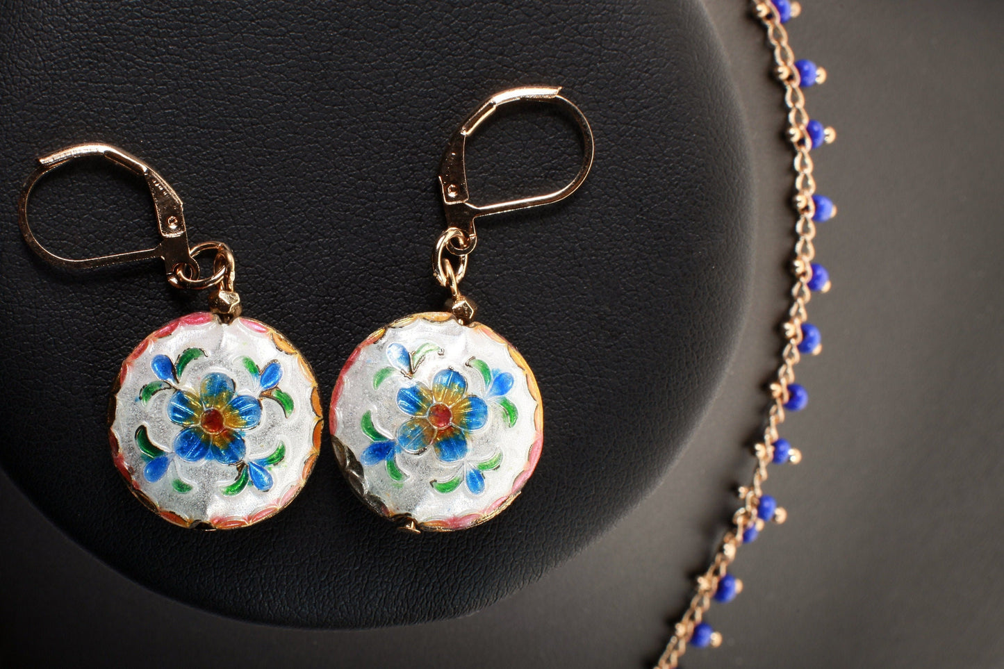 Traditional Cloisonné Pendant Vintage Floral Flowers Focal with Gold Plated Beaded Chain Necklace 20" and matching Leverback Earrings set