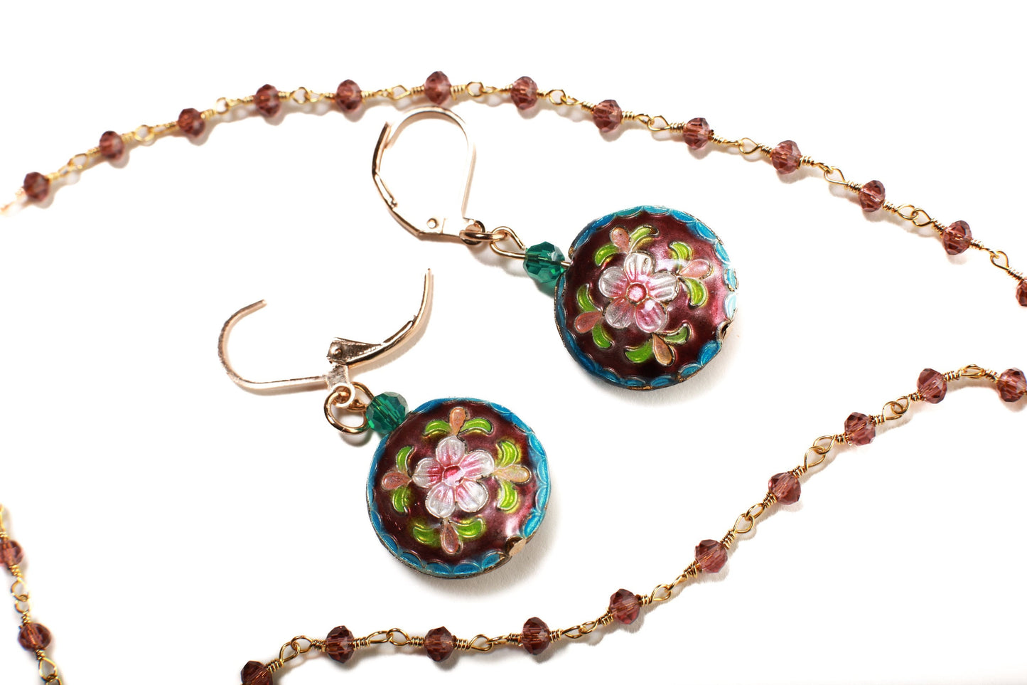 Traditional Cloisonné Pendant Vintage Floral Flowers Focal with Gold Plated Beaded Chain Necklace 20" and matching Leverback Earrings set