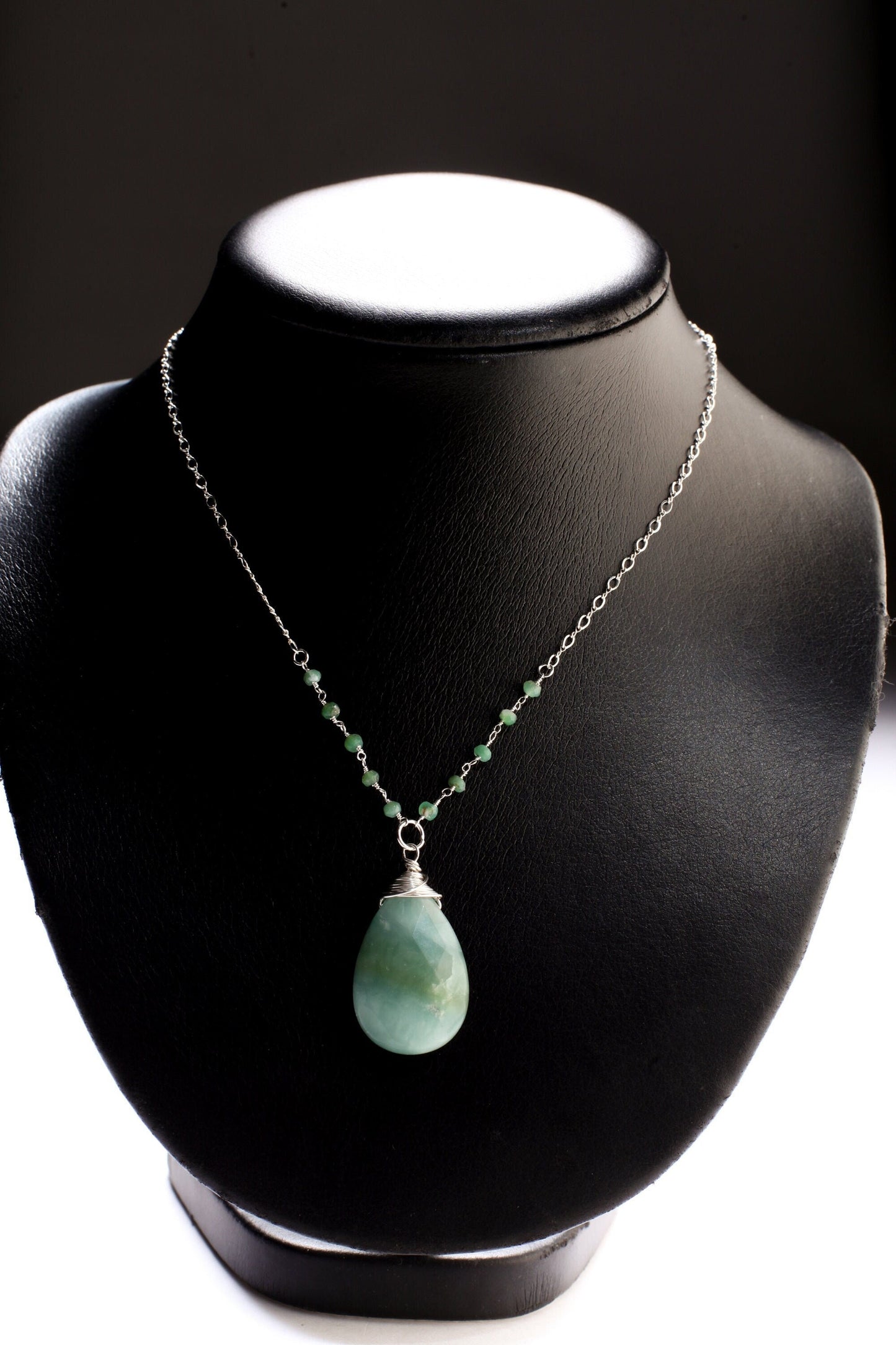 Natural Amazonite Faceted Pear Drop Briolette Sterling Silver Wire Wrapped Charm in 925 Sterling Silver Amazonite Rosary Figure 8 Chain 18"