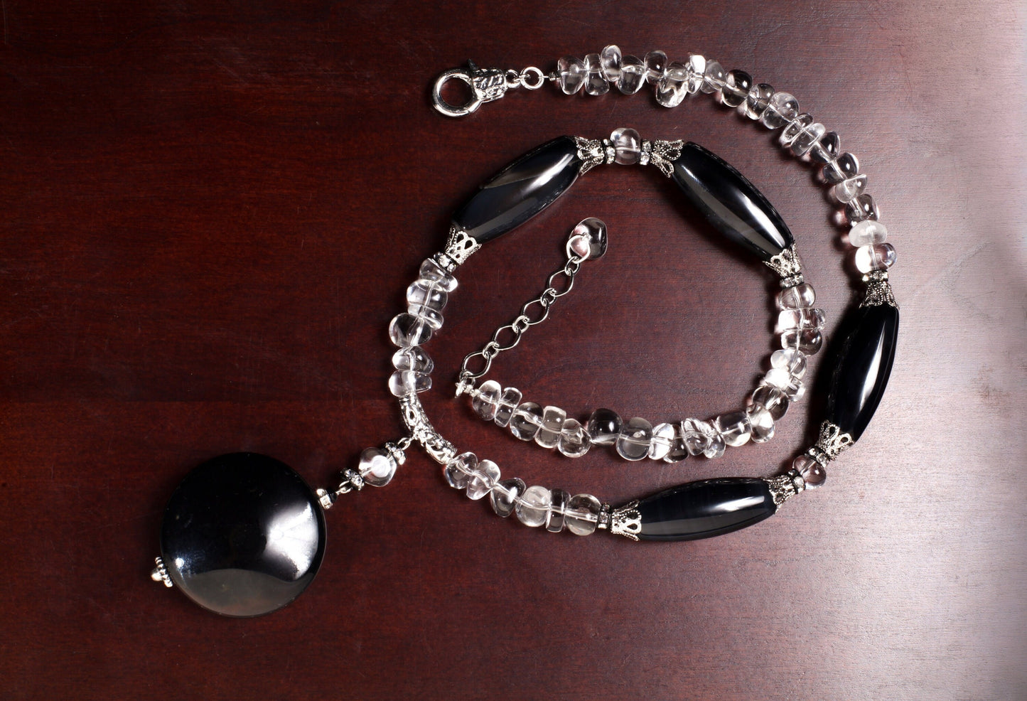 Natural Rock crystal tumble nugget,Black Agate 38mm Disk Pendant,Black Agate 14x34mm Long Oval Barrel Necklace 21" with 2" Extension,healing