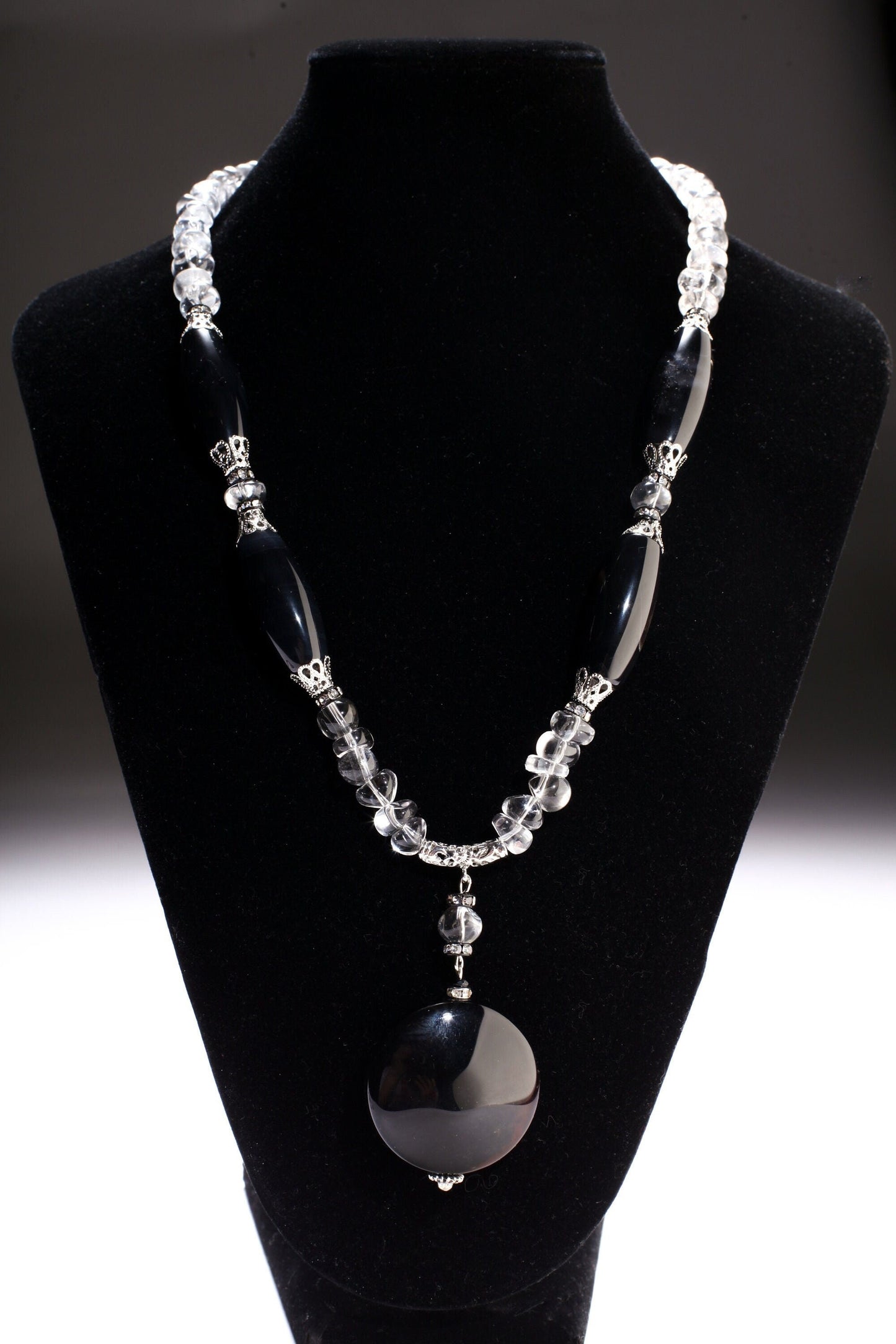 Natural Rock crystal tumble nugget,Black Agate 38mm Disk Pendant,Black Agate 14x34mm Long Oval Barrel Necklace 21" with 2" Extension,healing
