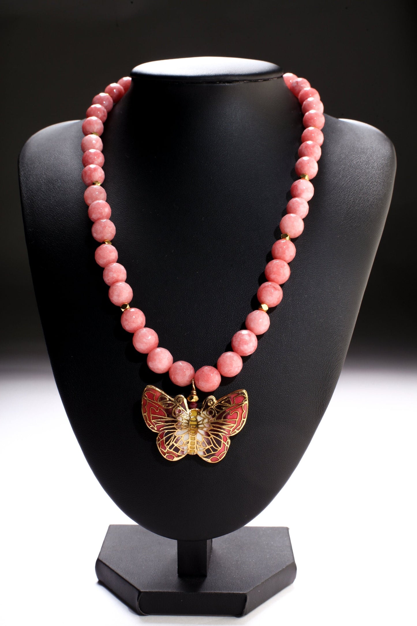 Traditional Cloisonné Pendant Double Sided Vintage Butterfly Focal with Salmon Pink Jade Faceted Round 10mm 17.5" Necklace with 2"Extension