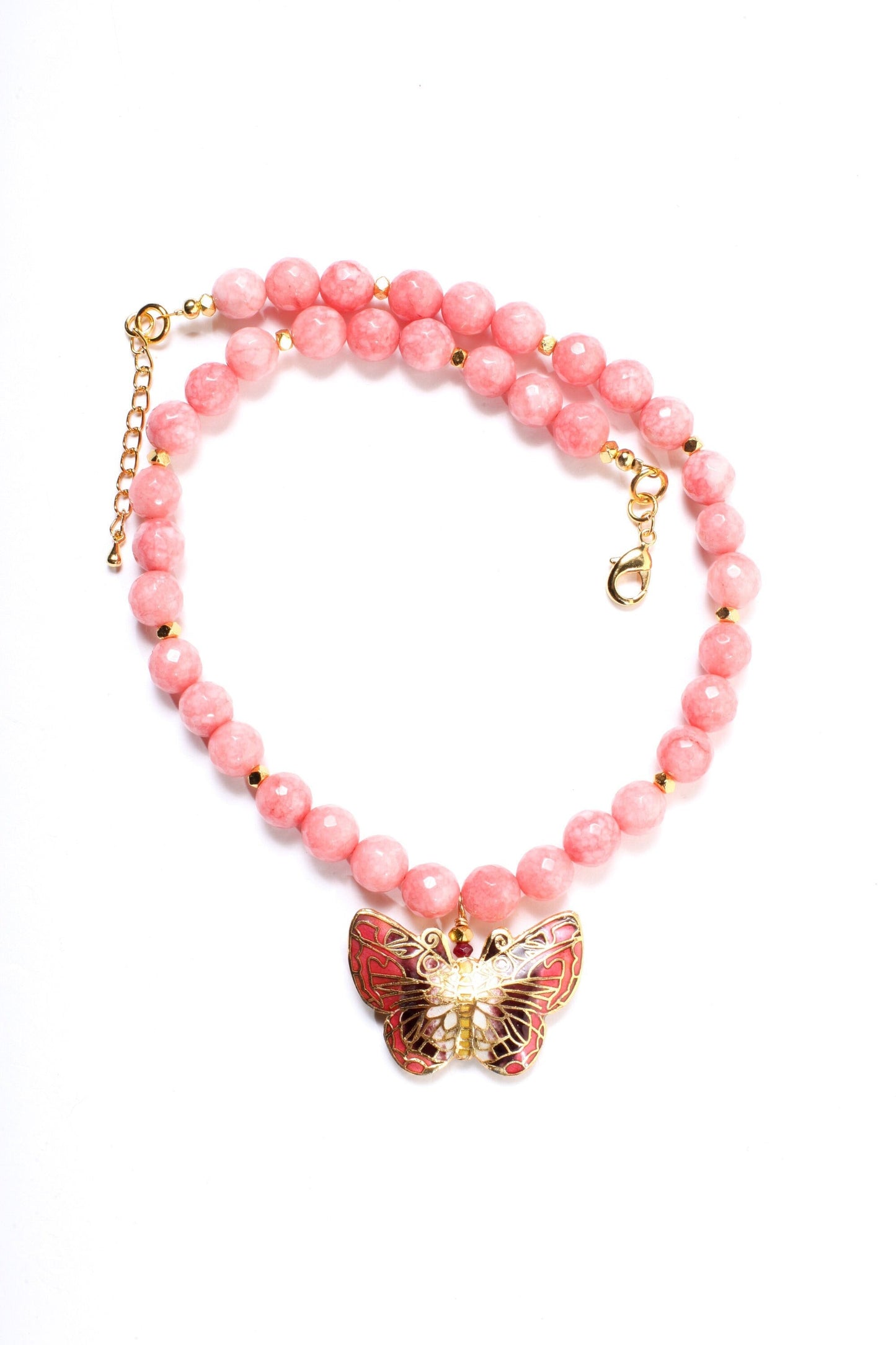 Traditional Cloisonné Pendant Double Sided Vintage Butterfly Focal with Salmon Pink Jade Faceted Round 10mm 17.5" Necklace with 2"Extension
