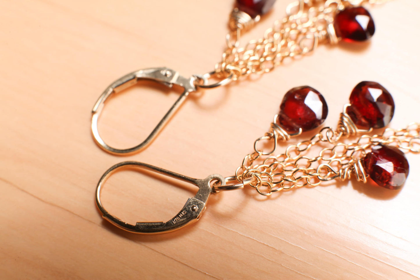 Genuine Mozambique Garnet Faceted heart earrings,Merlot Red Teardrop cascade Dangling Wire Wrap 14K Gold Filled chain& Leverback Earring