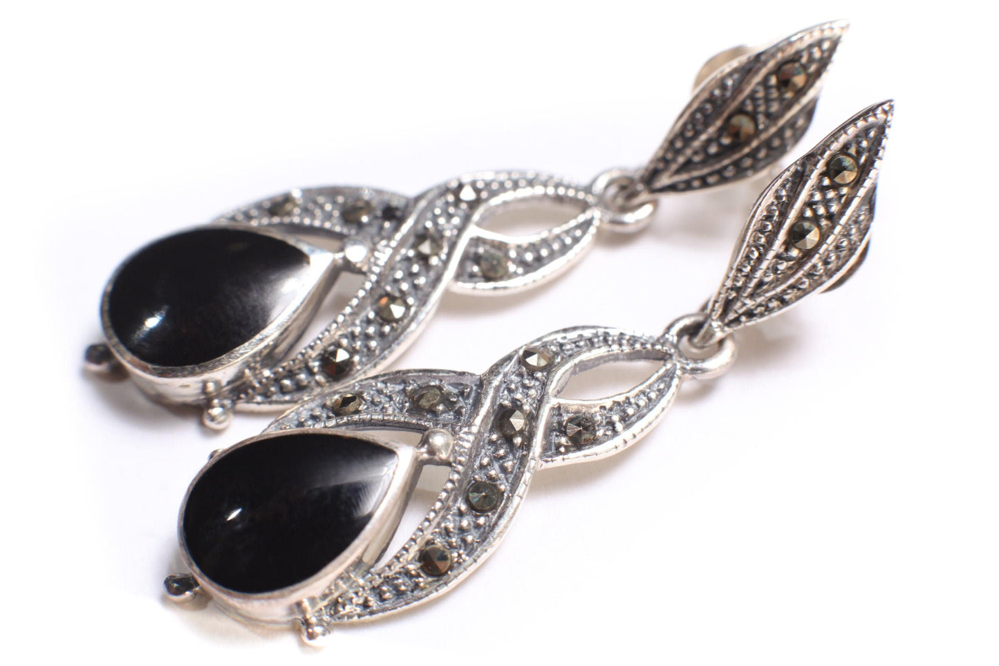 Marcasite 925 Sterling Silver Earrings Post with Dangle Black Onyx, Vintage, Antique Marcasite Earrings 11x40mm Gift for her