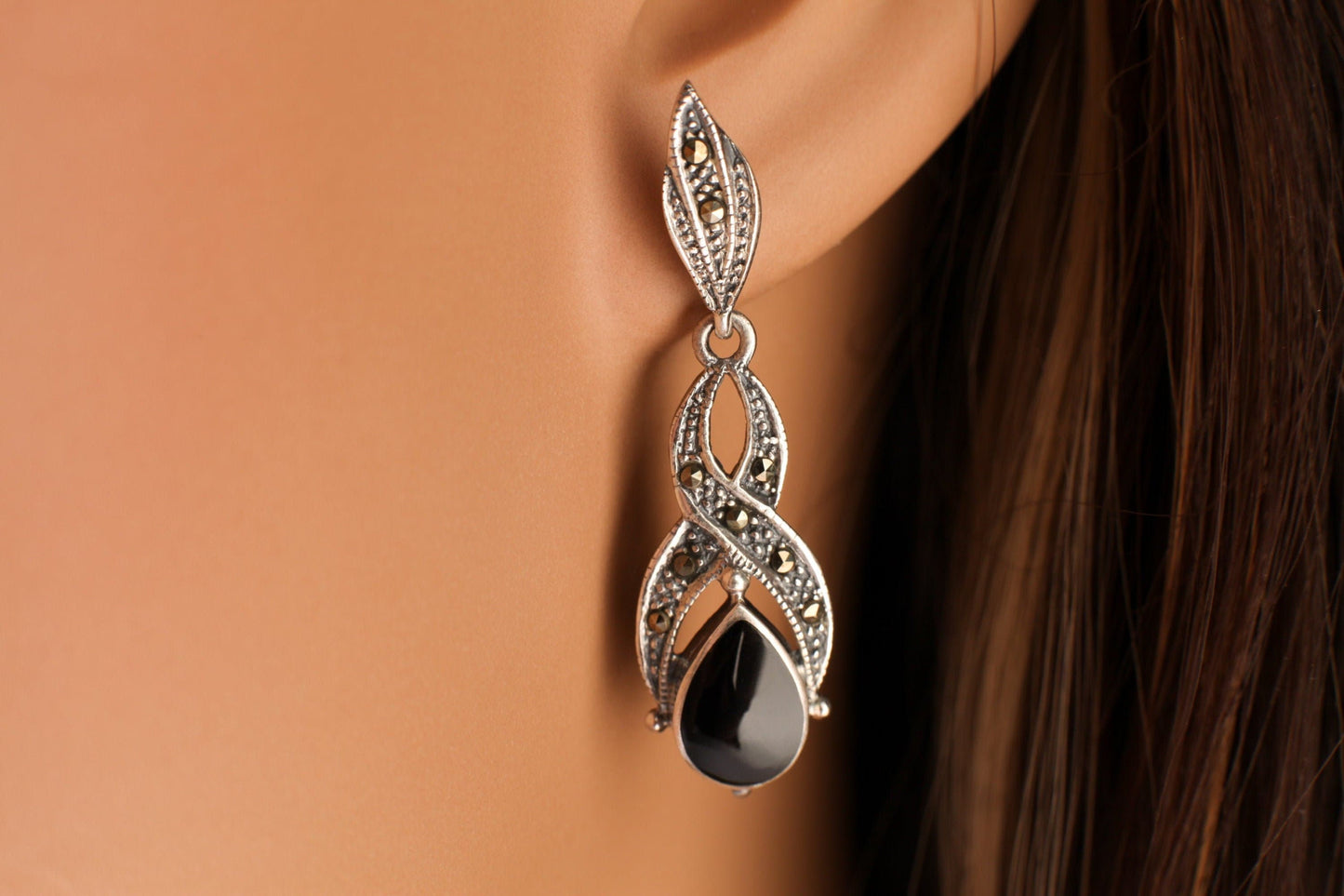 Marcasite 925 Sterling Silver Earrings Post with Dangle Black Onyx, Vintage, Antique Marcasite Earrings 11x40mm Gift for her