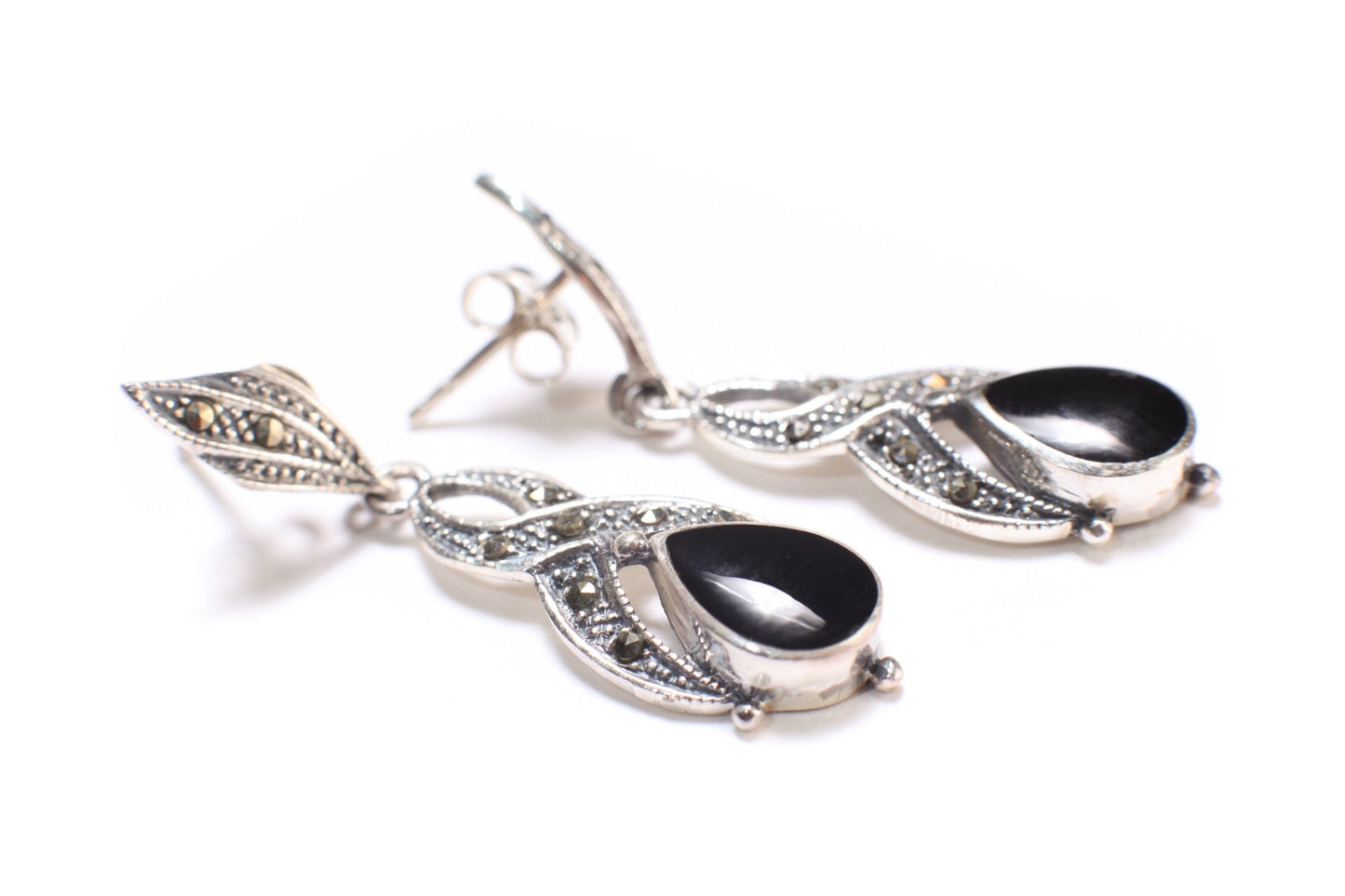 Marcasite 925 Sterling Silver Earrings Post with Dangle Black Onyx, Vintage, Antique Marcasite Earrings 11x40mm Gift for her