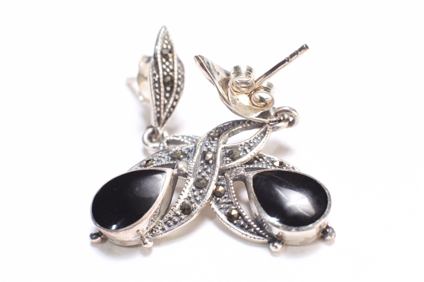 Marcasite 925 Sterling Silver Earrings Post with Dangle Black Onyx, Vintage, Antique Marcasite Earrings 11x40mm Gift for her