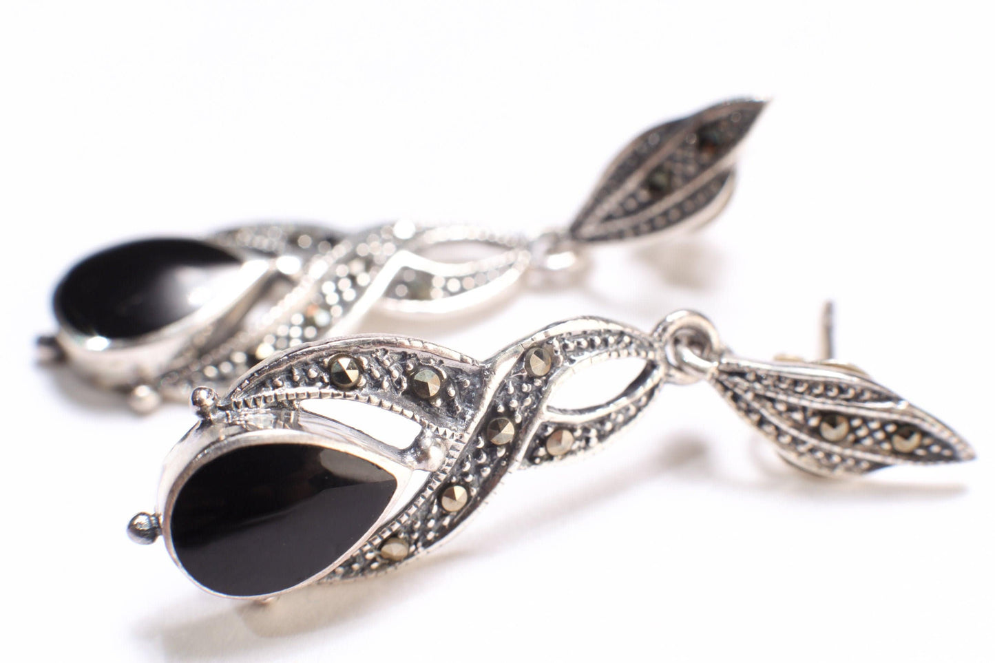 Marcasite 925 Sterling Silver Earrings Post with Dangle Black Onyx, Vintage, Antique Marcasite Earrings 11x40mm Gift for her