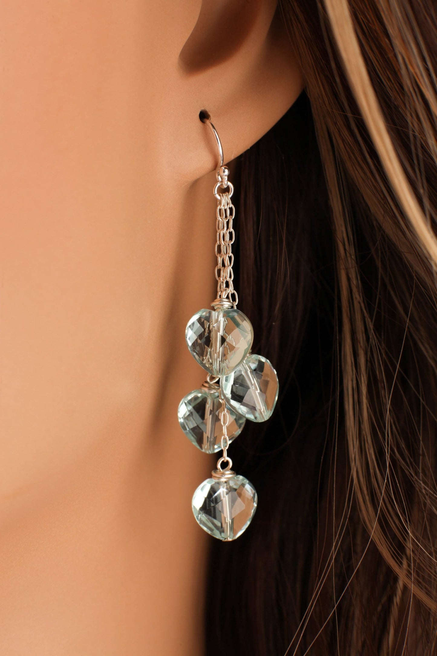 aquamarine quartz 10mm Faceted Heart Dangle Earrings with 925 Sterling Silver chain and Ear Wire Soothing earrings Beach boho valentine gift