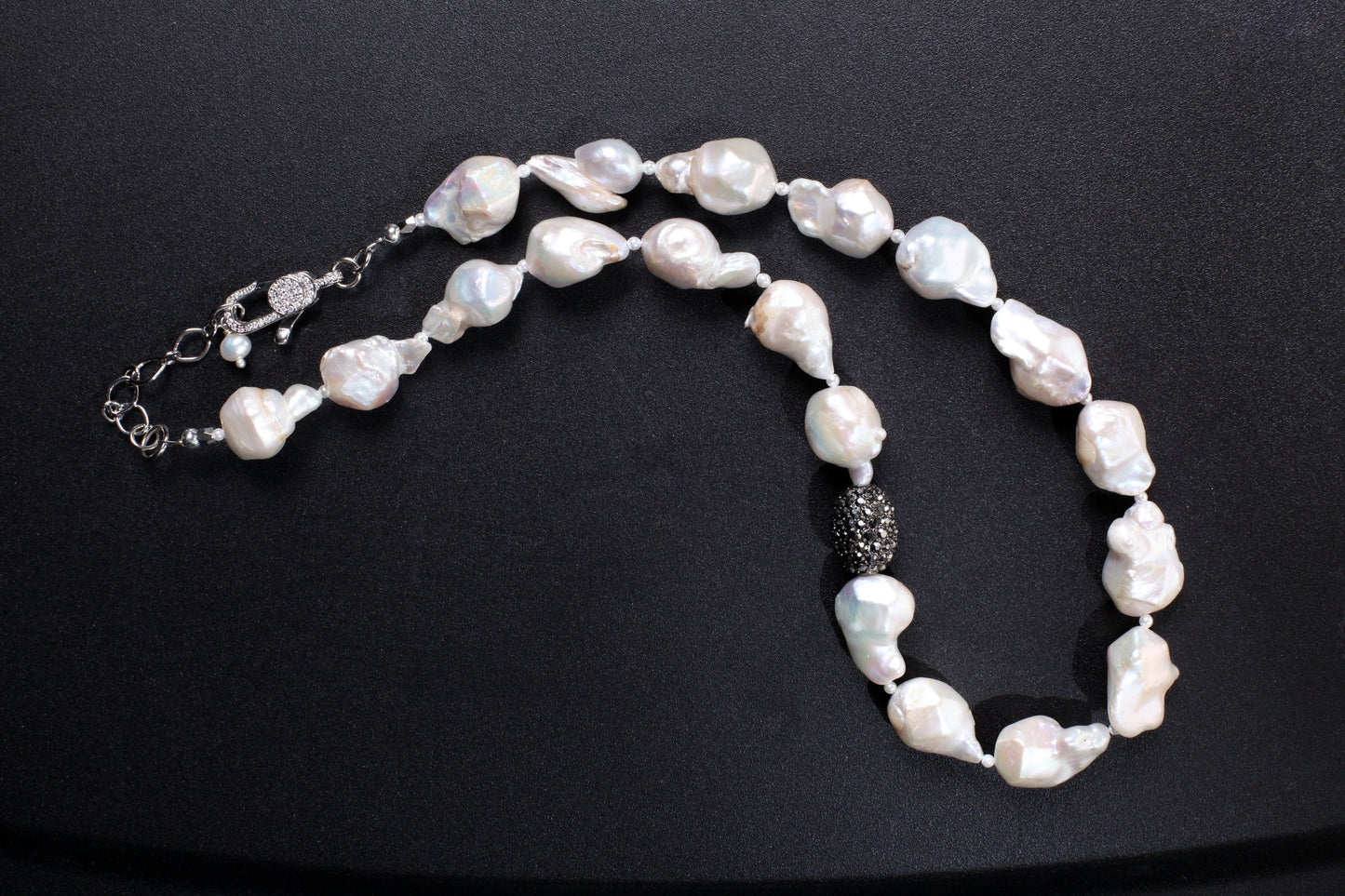 Baroque Pearl 14x20mm Necklace, 2mm Freshwater Spacers, Marcasite Style Pave Bead, CZ White Gold Plated Lobster Clasp 19" with 2" Extension