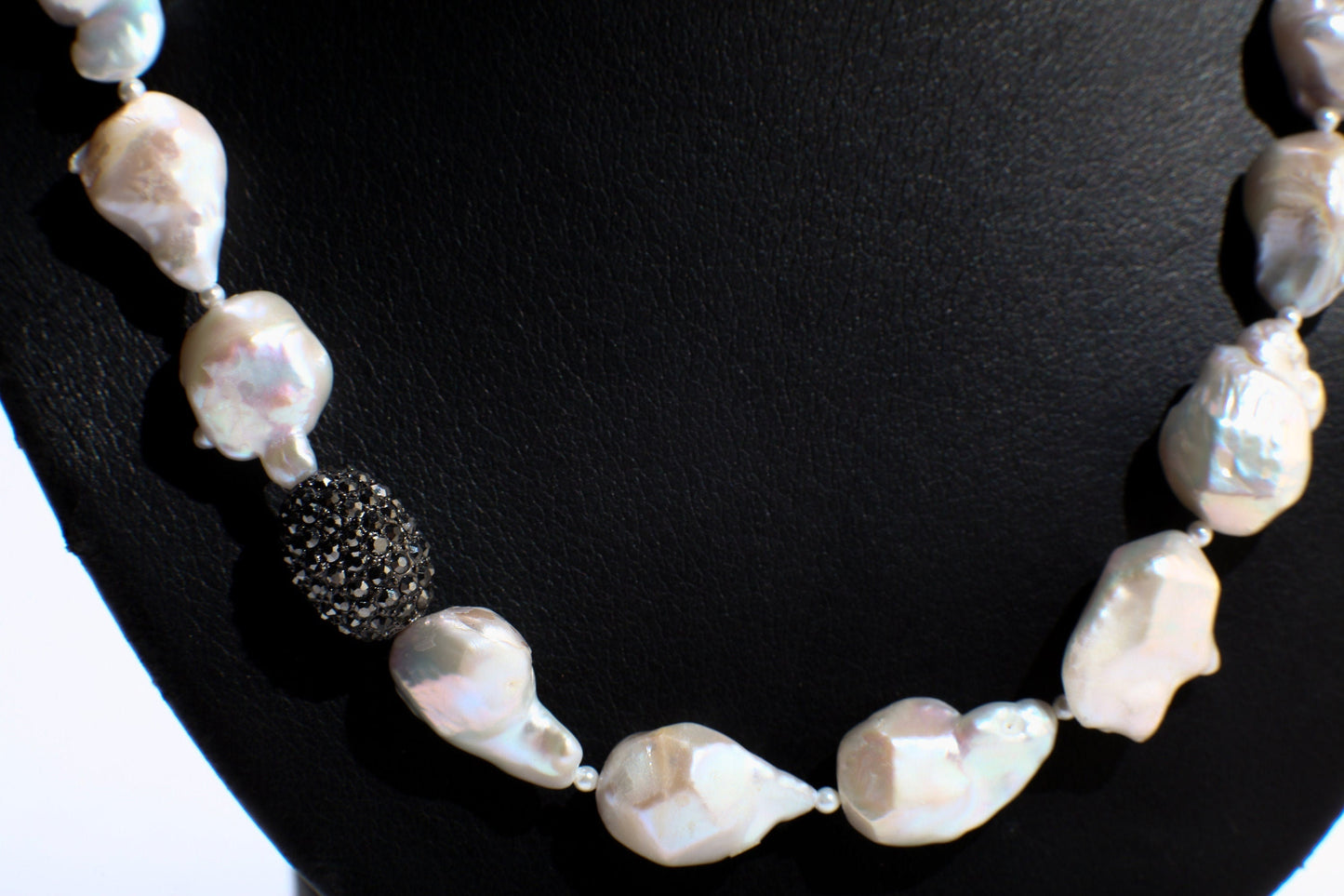 Baroque Pearl 14x20mm Necklace, 2mm Freshwater Spacers, Marcasite Style Pave Bead, CZ White Gold Plated Lobster Clasp 19" with 2" Extension