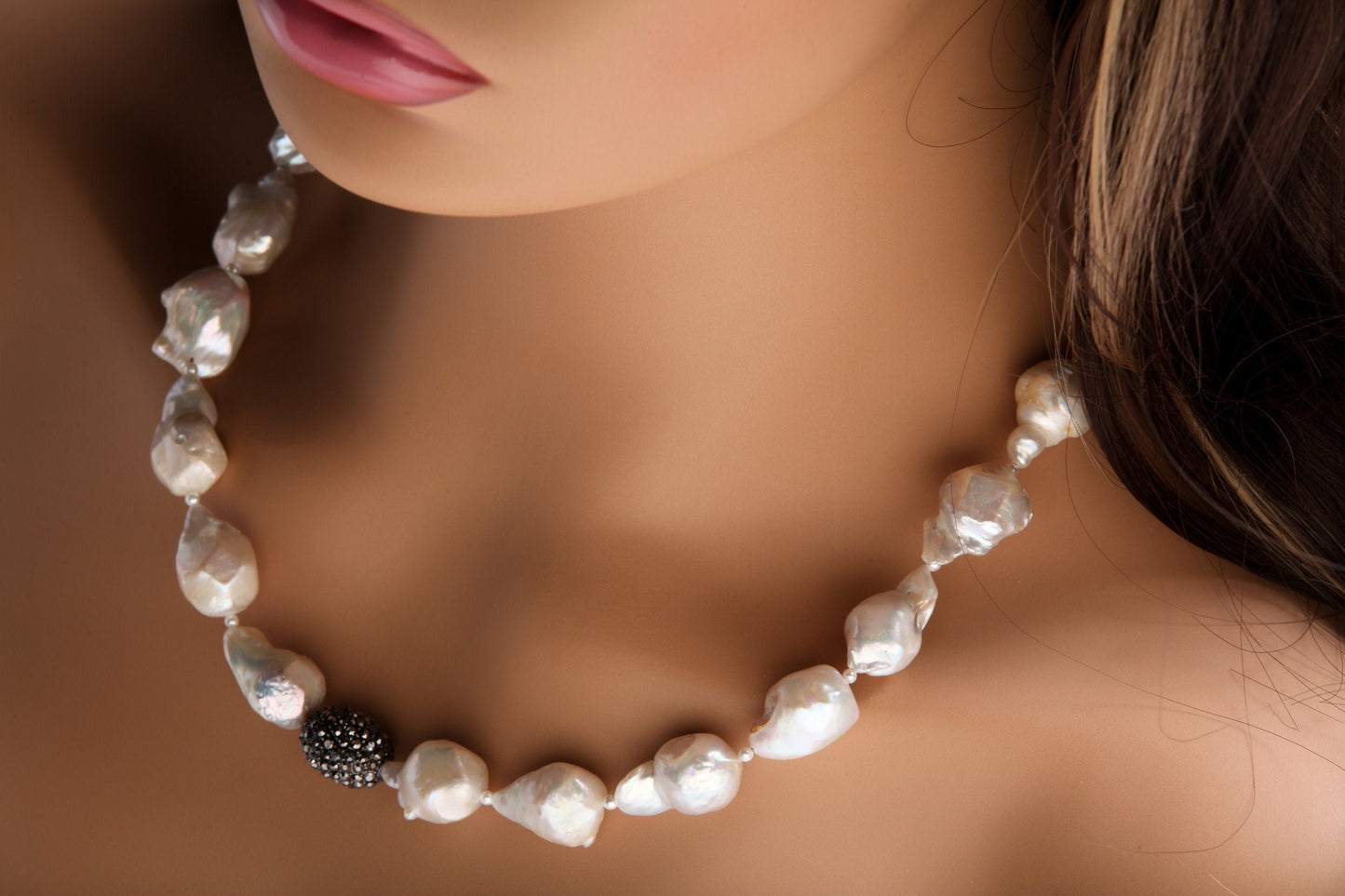 Baroque Pearl 14x20mm Necklace, 2mm Freshwater Spacers, Marcasite Style Pave Bead, CZ White Gold Plated Lobster Clasp 19" with 2" Extension