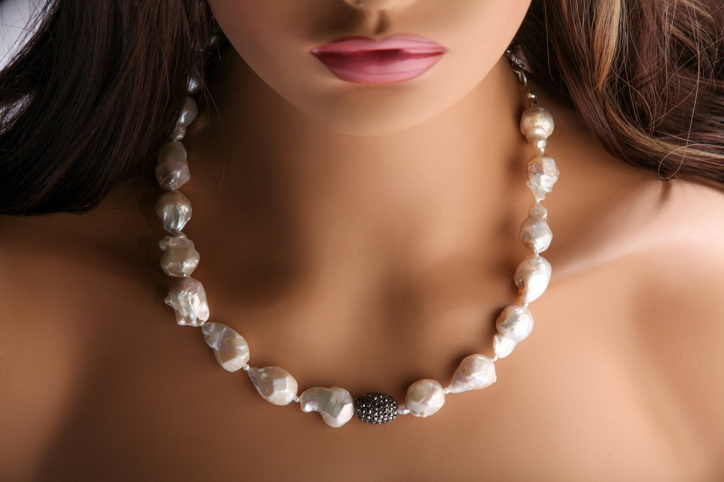 Baroque Pearl 14x20mm Necklace, 2mm Freshwater Spacers, Marcasite Style Pave Bead, CZ White Gold Plated Lobster Clasp 19" with 2" Extension