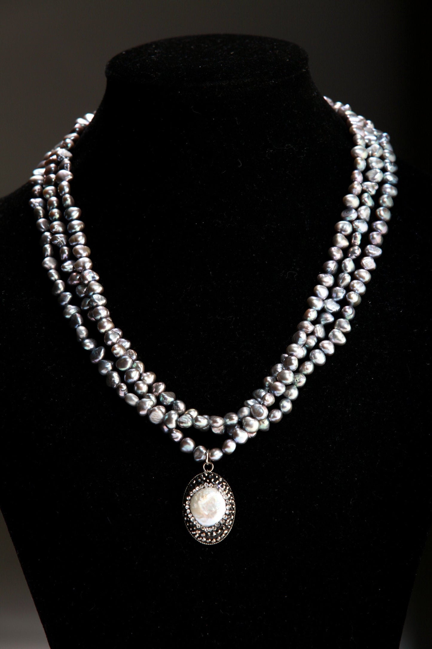 Natural Freshwater Gray Pearl High Luster Triple Strand Necklace, Freshwater 12mm Coin Pearl & Rhinestone Inlaid Pendant, 17"+2" Extender