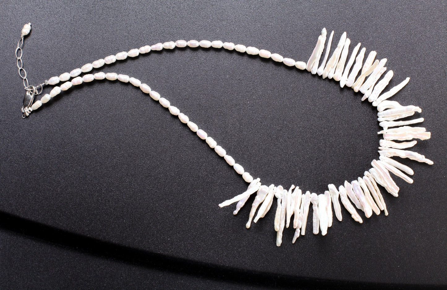 Natural Japanese Fresh Water Biwa Stick Pearl and Potato Pearl Necklace in 925 Sterling Silver Lobster Clasp,pic shown 19" with 2" Extension