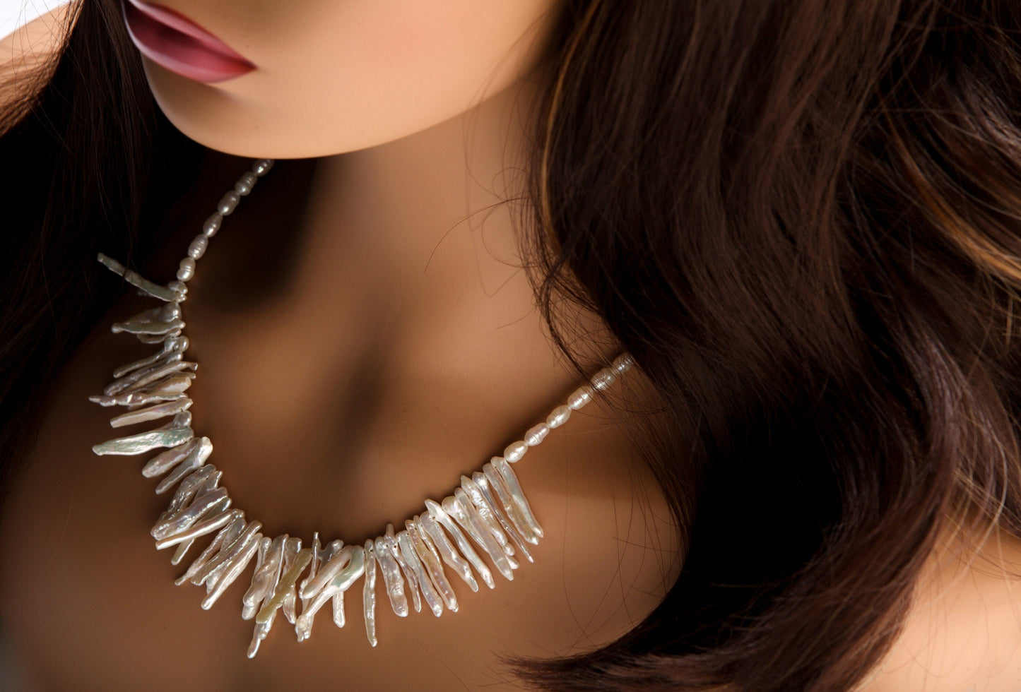 Natural Japanese Fresh Water Biwa Stick Pearl and Potato Pearl Necklace in 925 Sterling Silver Lobster Clasp,pic shown 19" with 2" Extension