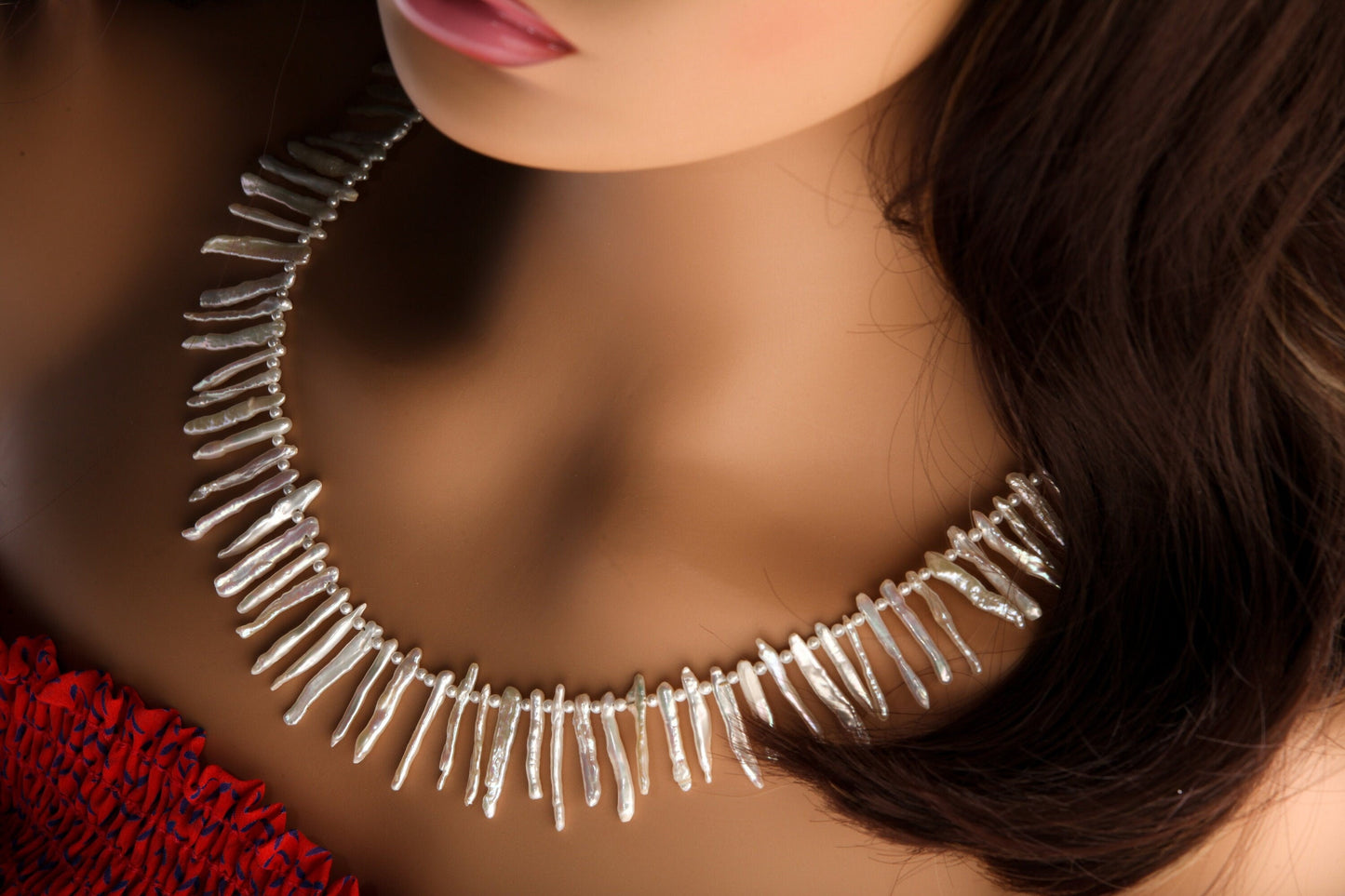 Natural Japanese Fresh Water Biwa Stick Pearl and Potato Pearl Necklace in 925 Sterling Silver Hook & Eye Clasp, Pic shown 22" Necklace