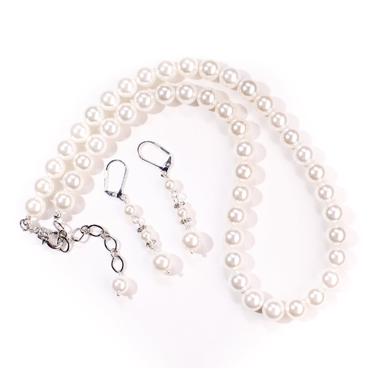 South Sea Shell Pearl 8mm Bridal Necklace, Dangling Earrings Sets, Fancy Rhodium Lobster Clasp 17” with 2"Extension Chain Jewelry Set