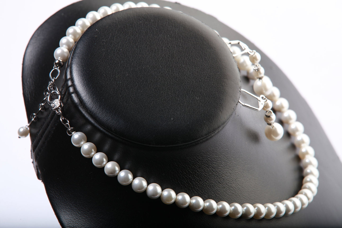 South Sea Shell Pearl 8mm Bridal Necklace, Dangling Earrings Sets, Fancy Rhodium Lobster Clasp 17” with 2"Extension Chain Jewelry Set