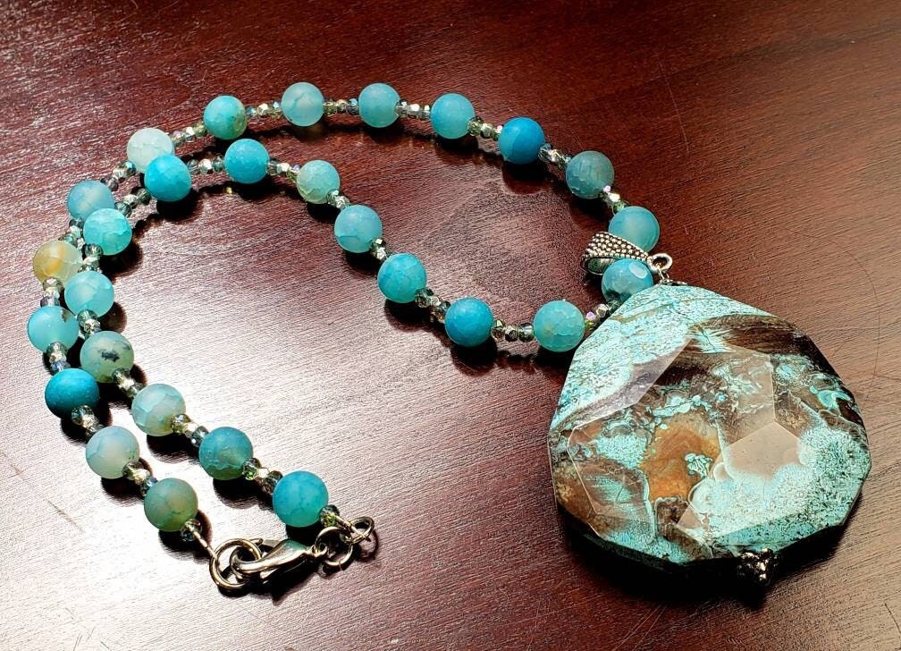 Ocean Jasper large pendant with matte fire agate natural gemstone handmade necklace 18" plus 2" extension to 20". Gift