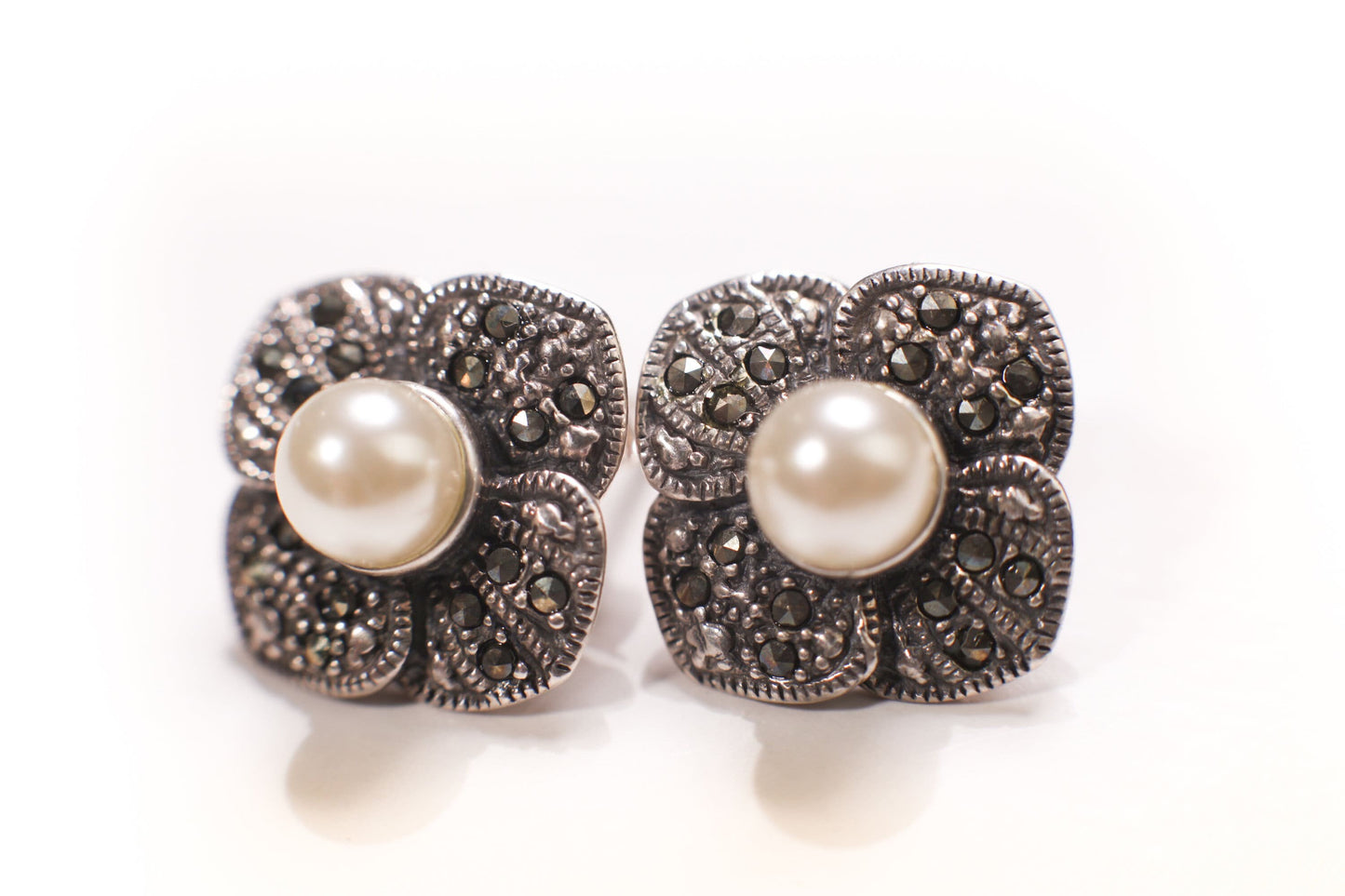 925 Sterling Silver Marcasite with Pearl 15mm Flower Post Earrings and Sterling Silver Box Chain 16" Necklace Jewelry Set