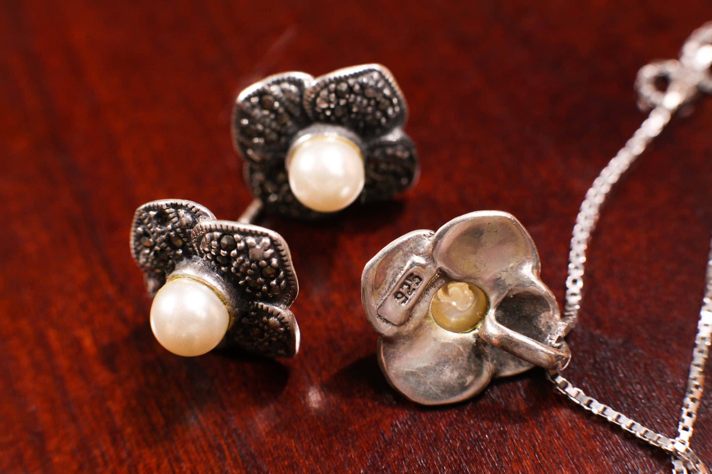 925 Sterling Silver Marcasite with Pearl 15mm Flower Post Earrings and Sterling Silver Box Chain 16" Necklace Jewelry Set