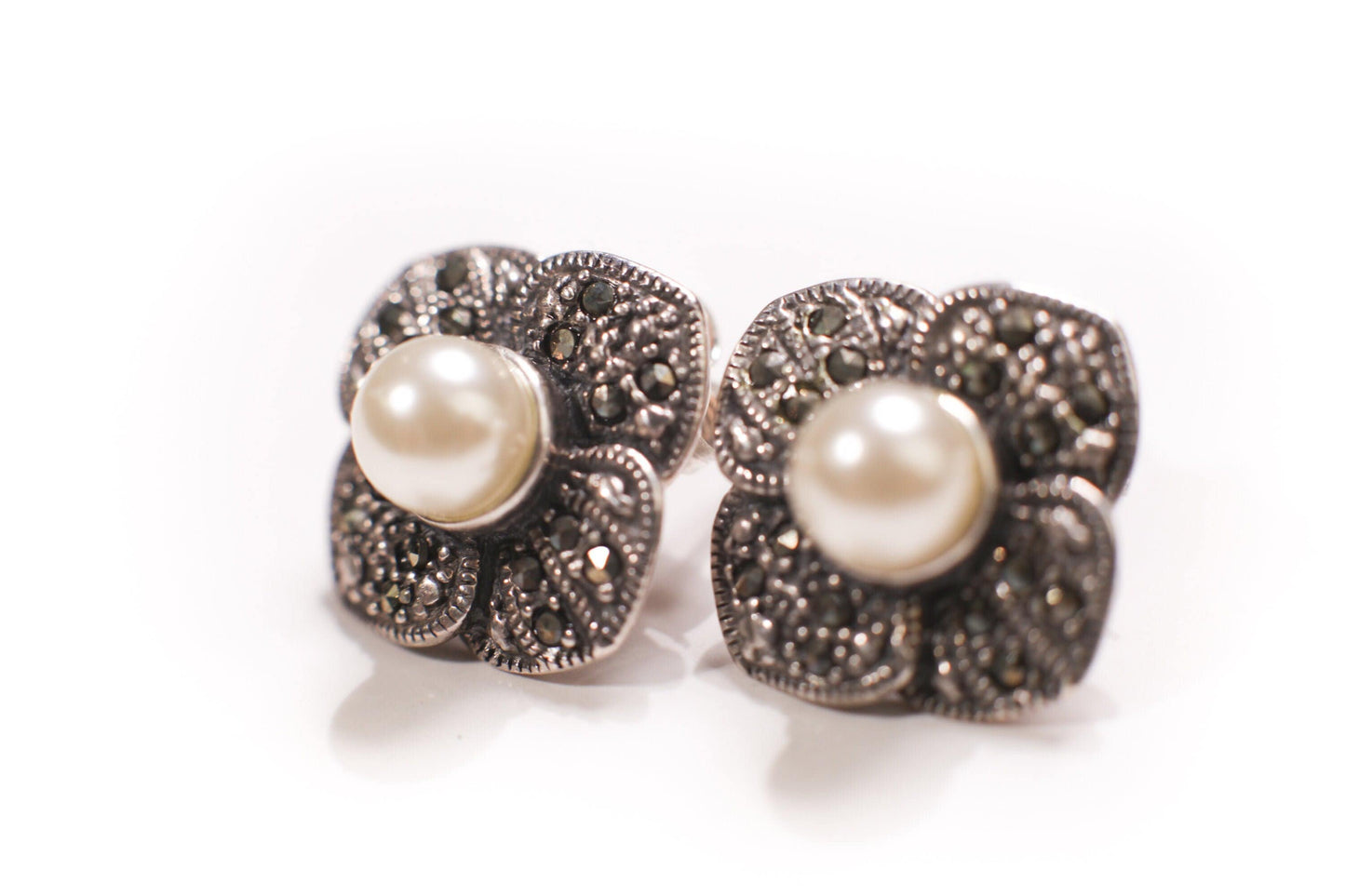 925 Sterling Silver Marcasite with Pearl 15mm Flower Post Earrings and Sterling Silver Box Chain 16" Necklace Jewelry Set