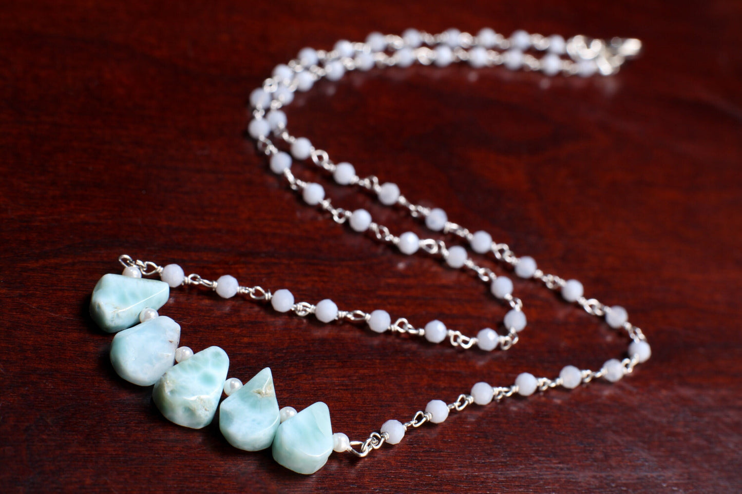 Natural Larimar Raw Free Form Teardrop Necklace with Blue Lace Agate Gemstone Chain and 925 Sterling Silver Clasp 19"Handmade Necklace