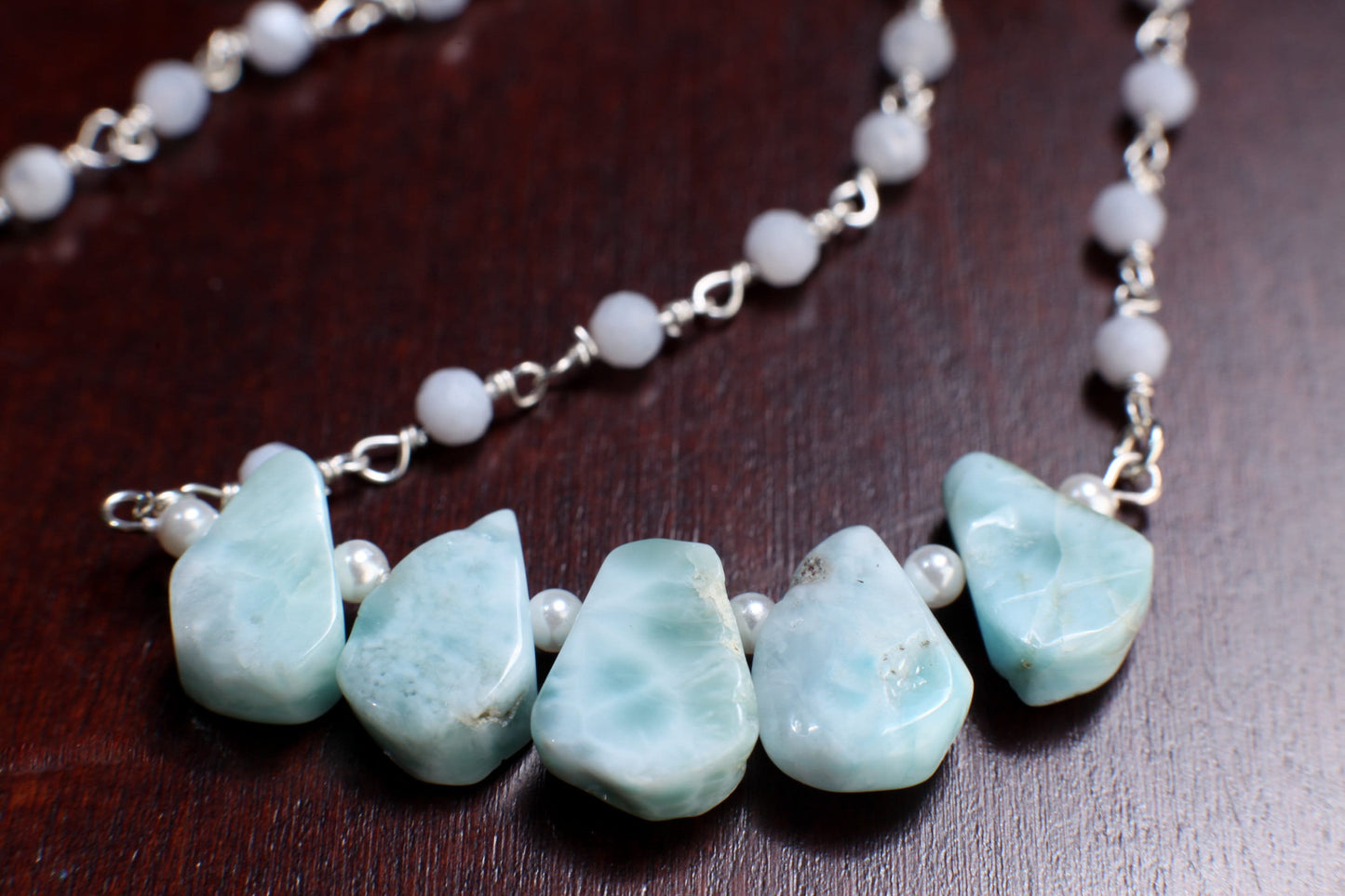 Natural Larimar Raw Free Form Teardrop Necklace with Blue Lace Agate Gemstone Chain and 925 Sterling Silver Clasp 19"Handmade Necklace