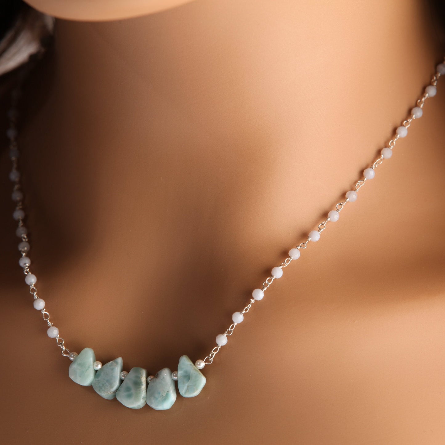 Natural Larimar Raw Free Form Teardrop Necklace with Blue Lace Agate Gemstone Chain and 925 Sterling Silver Clasp 19"Handmade Necklace