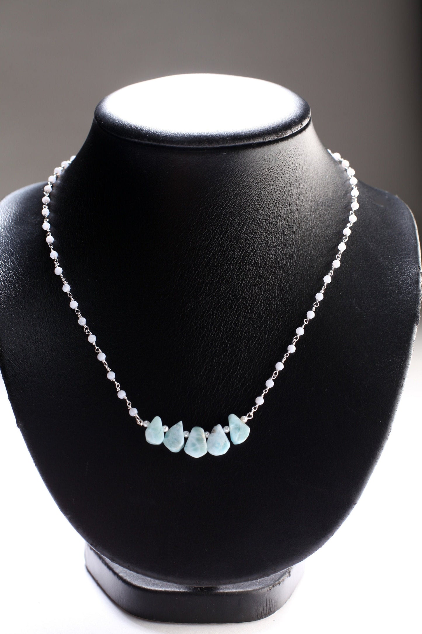 Natural Larimar Raw Free Form Teardrop Necklace with Blue Lace Agate Gemstone Chain and 925 Sterling Silver Clasp 19"Handmade Necklace