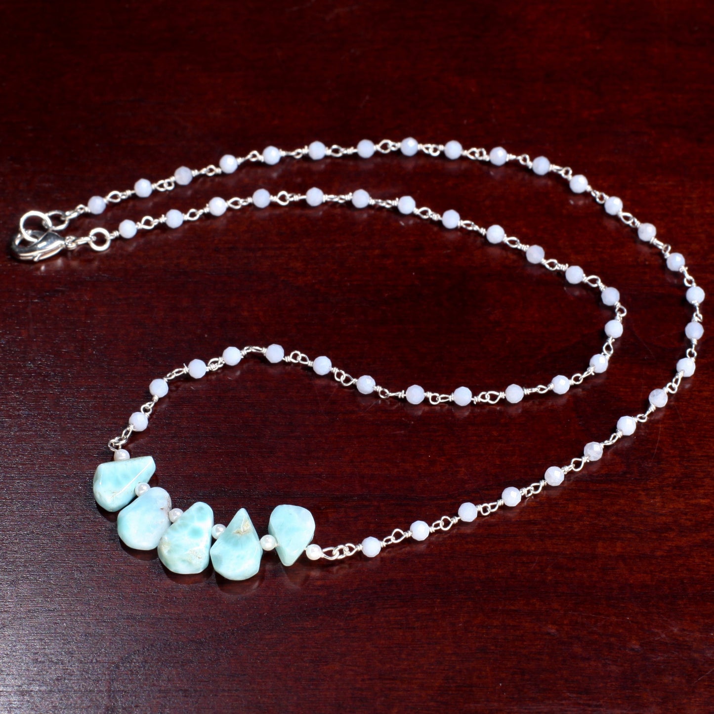 Natural Larimar Raw Free Form Teardrop Necklace with Blue Lace Agate Gemstone Chain and 925 Sterling Silver Clasp 19"Handmade Necklace