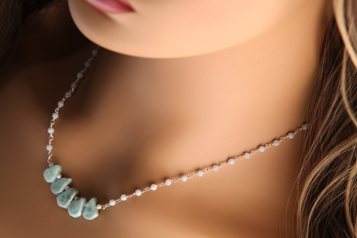 Natural Larimar Raw Free Form Teardrop Necklace with Blue Lace Agate Gemstone Chain and 925 Sterling Silver Clasp 19"Handmade Necklace