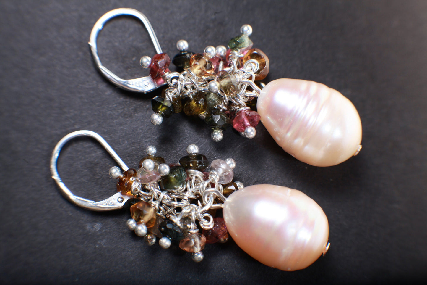 Genuine Freshwater Baroque Peach Pearl with Watermelon Tourmaline Cluster 925 Sterling Silver Earrings, Bridal, Boho,Beachwear,Handmade Gift