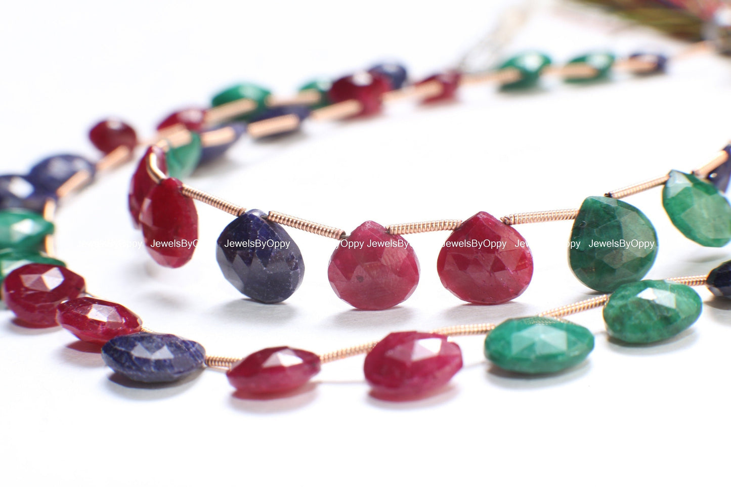 Ruby Sapphire Emerald Heart Briolette Drop,Genuine Graduated Ruby , Sapphire,Emerald Green Faceted Teardrop 8-11mm Gemstone, 12, 24 pcs mix